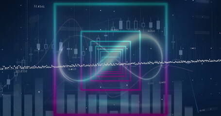 Image of digital icons and data processing over neon squared shapes in seamless pattern