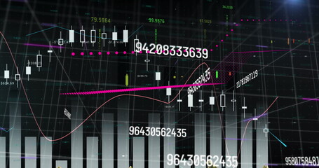 Image of financial and statistical data processing against blue light spot on black background