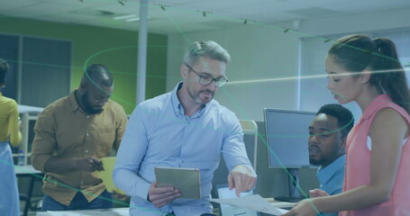 Image of connections and data processing over business people in office