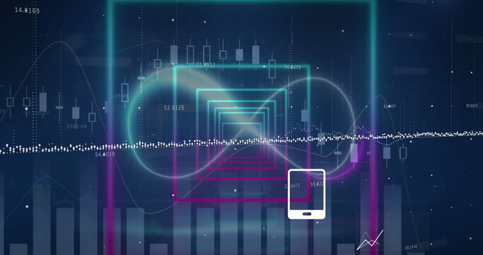 Image of digital icons and data processing over neon squared shapes in seamless pattern