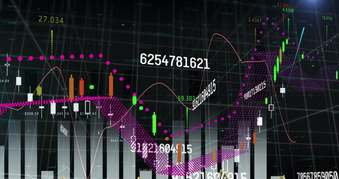 Image of financial and statistical data processing against blue light spot on black background