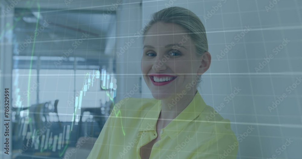 Poster Image of financial data processing over caucasian businesswoman in office