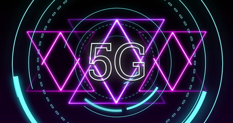 Image of shapes moving and 5g text over black background