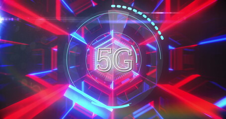Image of processing circle and integrated circuit over neon lines