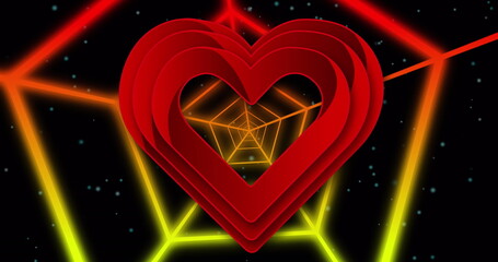 Image of red heart icon over neon hexagonal tunnel in seamless pattern against black background