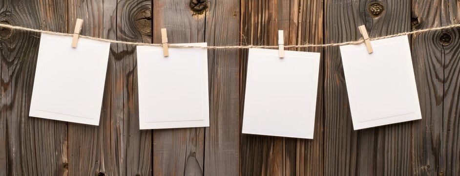 blank white photo cards hung on a clothesline against a dreamy bokeh background, with a color palette centered around soft whites and light purples for a serene and elegant display.