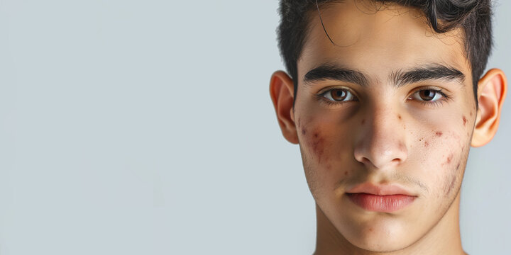 Banner with curly-haired brunette young latin american man on solid background, face with skin problems. Copy space, close-up. Acne, pimples, acne treatment, hormonal failure, cosmetology.