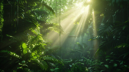 Fototapeta na wymiar Dark rainforest sun rays through the trees rich jungle
