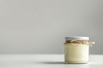 A jar of white liquid with a white lid and a brown string tied around it