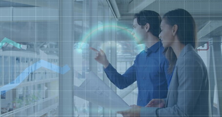 Image of financial data processing over diverse business people working at office