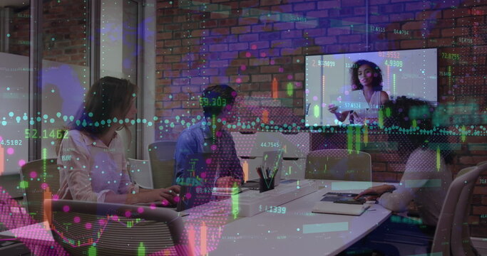 Image of financial data processing over colleagues having a image conference at office