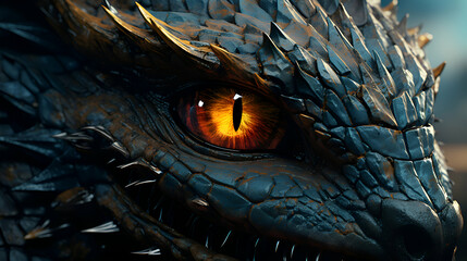 3d rendering of a dragon head with orange eyes and black background