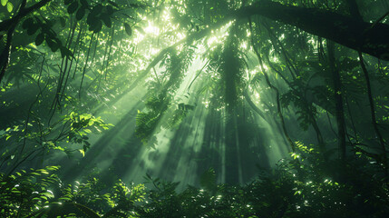 Dark rainforest sun rays through the trees rich jungle