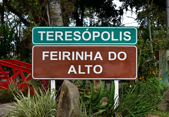 Signboard indicating the location of a traditional crafts fair in Teresopolis, Rio de Janeiro,...