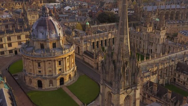 180 aerial shot of Radcliffe Camera Library during golden hour