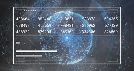 Image of digital screen with changing numbers and loading bars over globe with connected dots