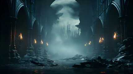 Fantasy scene with a dark stormy gothic cathedral. 3d rendering
