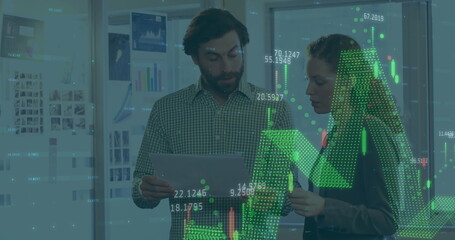 Image of financial data processing over caucasian man and woman discussing over a document