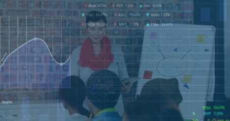 Image of stock market data processing over caucasian woman giving a presentation at office