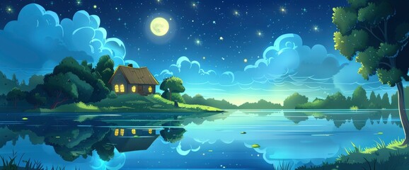 A serene lakeside scene under the moonlight, with clouds and stars in the sky, featuring a house on an island surrounded by trees and grassy areas. 