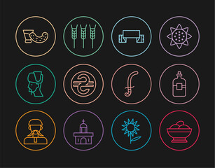 Set line Varenyky in a bowl, Bottle of vodka, Embroidered towel, Ukrainian hryvnia, cossack, Glass with, Medieval sword and Wheat icon. Vector