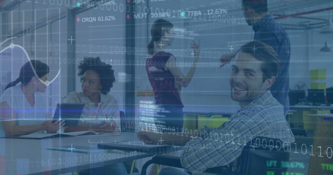 Image of financial data processing over caucasian disable man on wheelchair working at office