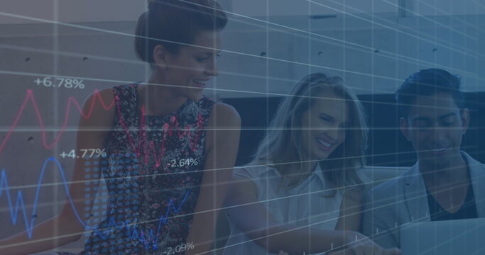 Image of mathematical equations over schoolchildren using laptop