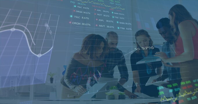 Image of stock market data processing over diverse colleagues discussing together at office