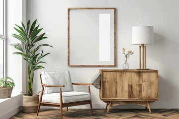 Interior Poster Frame Mockup with Modern Furniture Decoration - 3d Illustration, 3d Render. Beautiful simple AI generated image in 4K, unique.