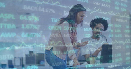 Image of stock market data processing over diverse man and woman discussing at office