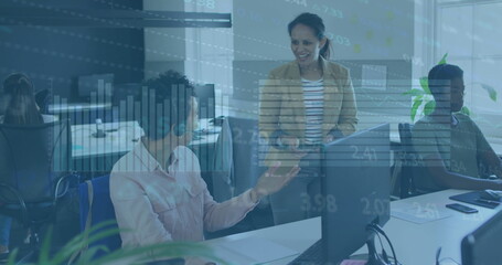 Image of stock market data processing over two diverse women discussing over computer at office
