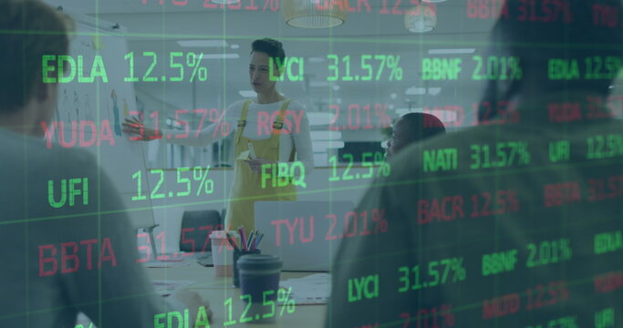 Image of stock market data processing over caucasian woman giving a presentation at office