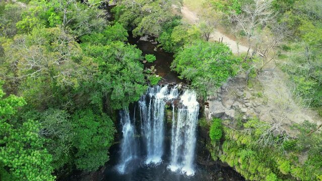 Drone shot of Llanos de Cortes waterfall located in Bagaces, Guanacaste, Costa Rica.