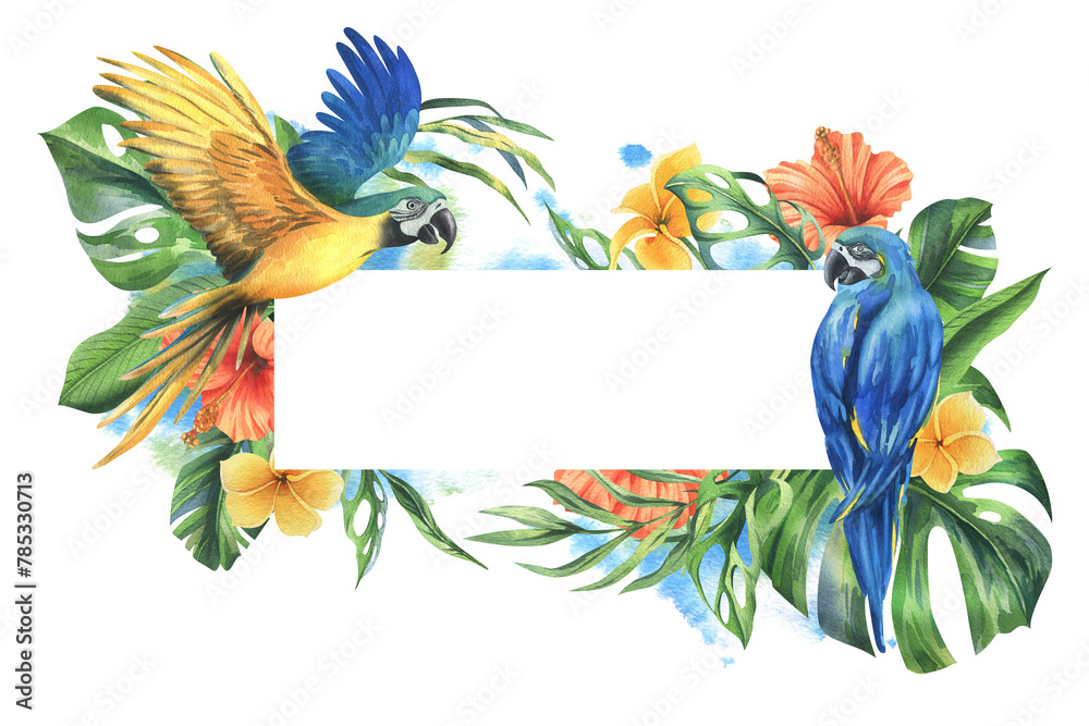 Wall mural Tropical palm leaves, monstera and flowers of plumeria, hibiscus with blue-yellow macaw parrot. Hand drawn watercolor botanical illustration. Template rectangular frame isolated from the background.