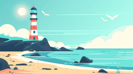 Bright and simple flat design of a seaside landscape