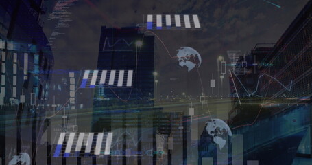 Fototapeta premium Image of graphs, globes, computer language over time-lapse of vehicles against buildings