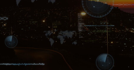Image of round scanners and data processing against aerial view of city traffic at night
