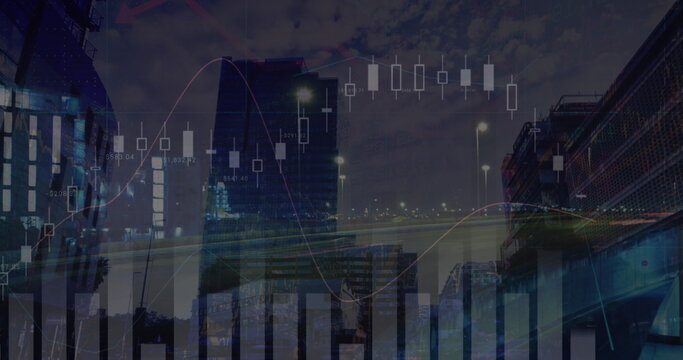 Image of graphs, globes, computer language over time-lapse of vehicles against buildings