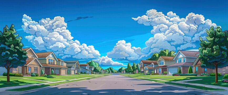 A serene suburban street with green lawns and houses on each side of the road, with clouds in the blue sky, all depicted in an anime art style.