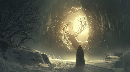 Deer and person with antlers fantasy pagan winter sols - obrazy, fototapety, plakaty