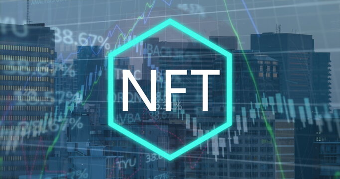 Image of stock market data processing and nft text banner against aerial view of cityscape