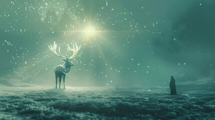 Deer and person with antlers fantasy pagan winter sols - obrazy, fototapety, plakaty