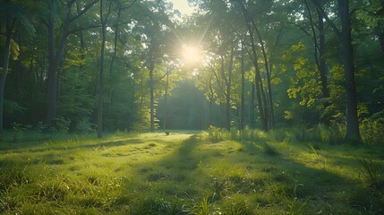 Serenity in Sun-Dappled Glade. Concept Serenity, Sunlight, Nature, Peaceful, Trees