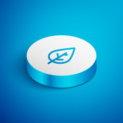 Isometric line Leaf icon isolated on blue background. Fresh natural product symbol. White circle button. Vector