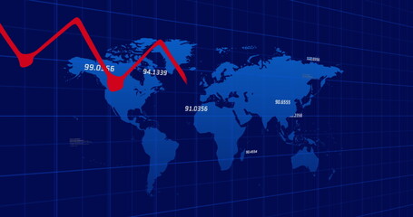Image of financial data processing over world map on black background