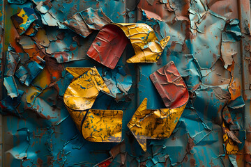 Recycle symbol,
A colorful painting with a blue and orange background recycle symbol
