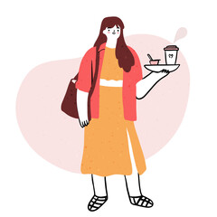 Cute young woman standing and holding coffee to go in paper cup. Quirky hand-drawn doodle illustration