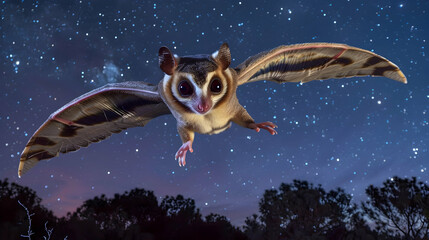 Fototapeta premium Sugar Glider: A sugar glider in mid-glide, captured with a burst mode to freeze its graceful flight, set against a nighttime sky background with copy space