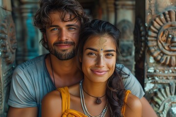 Naklejka premium Man and Woman Posed at Angkor Wat, Siem Reap Cambodia