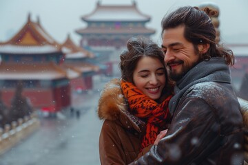 Fototapeta premium Man and Woman Embracing in Snow